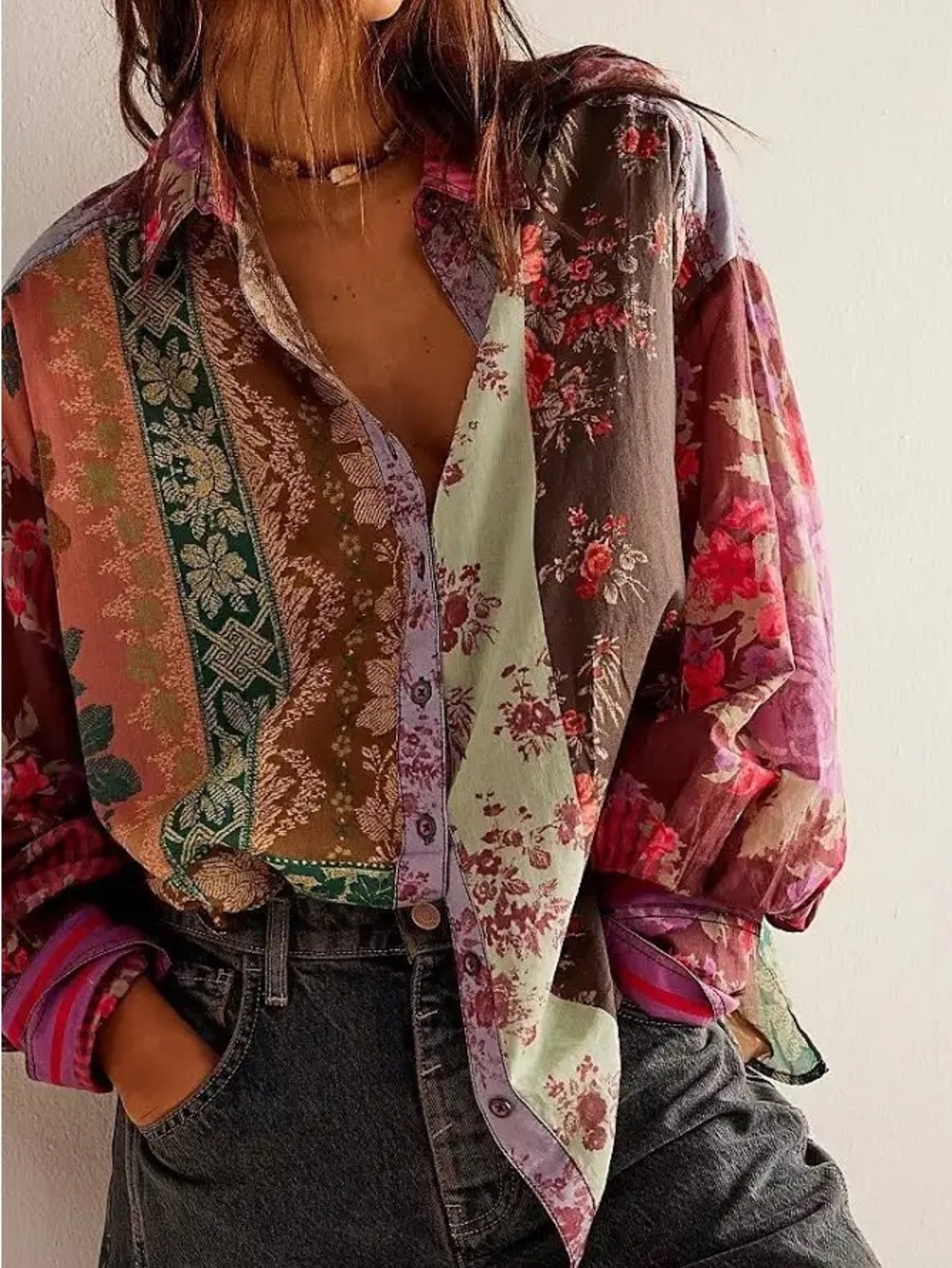 Free People We The Free Women’s XS Flower Patch Button Down Shirt Patchwork boho